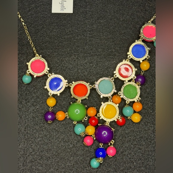 Gold-Tone and Multi-Colored Ball Necklace Rainbow 28” - Picture 2 of 3